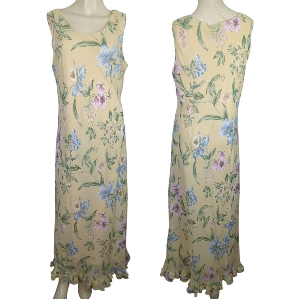 Vintage Betsy's Things Sleeveless Maxi summer yellow‎ blue Dress Ruffled Hem 16